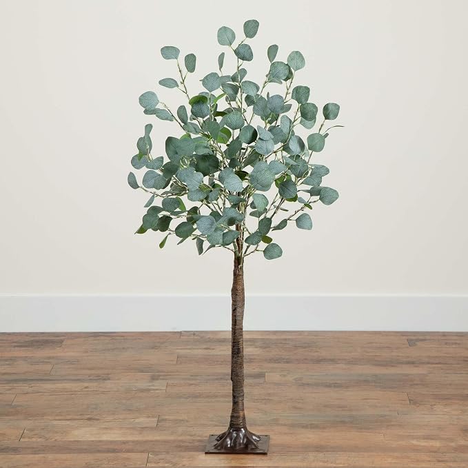 Nearly Natural 4-FT Lighted Artificial Eucalyptus Tree, Faux Eucalyptus Tree in Green for Home & Office Décor with Square Base Stand, 240 Warm White LED Lights