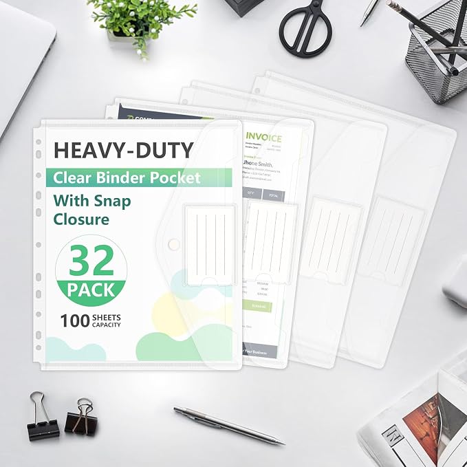 HOUYEE 32 Pack Heavy-Duty Clear Binder Pocket Folders for 2/3/4 Ring Binder | 11 Holes Binder Envelopes with Snap Closure, Plastic Clear Binder Folders for Office, 8 Mil,100 Sheet Capacity, Letter Size