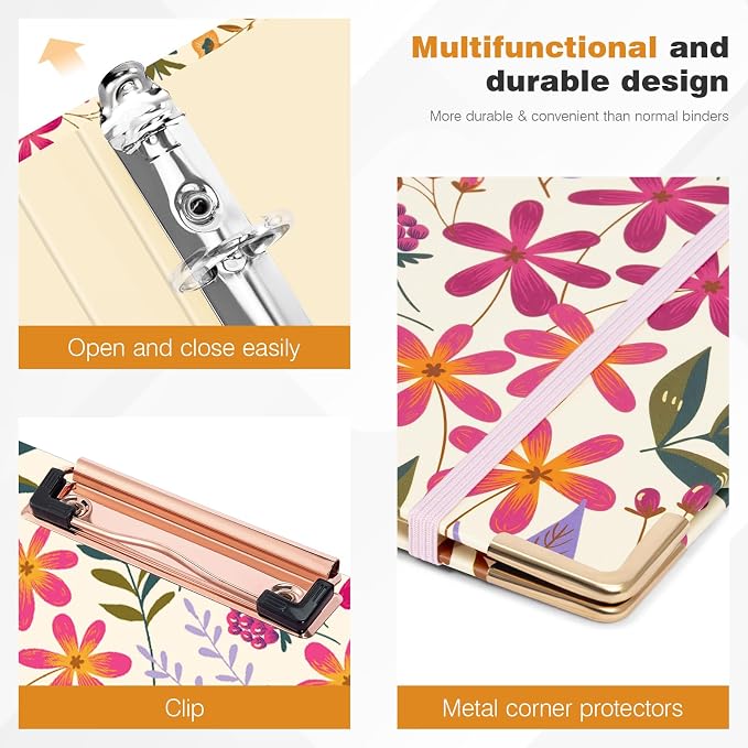 Ospelelf 3 Ring Binder, 1/2 Inch, Cute Floral Binder for Letter Size (11" x 8.5") with 5 Tab Dividers, File Folder Labels and Low Profile Clipboards