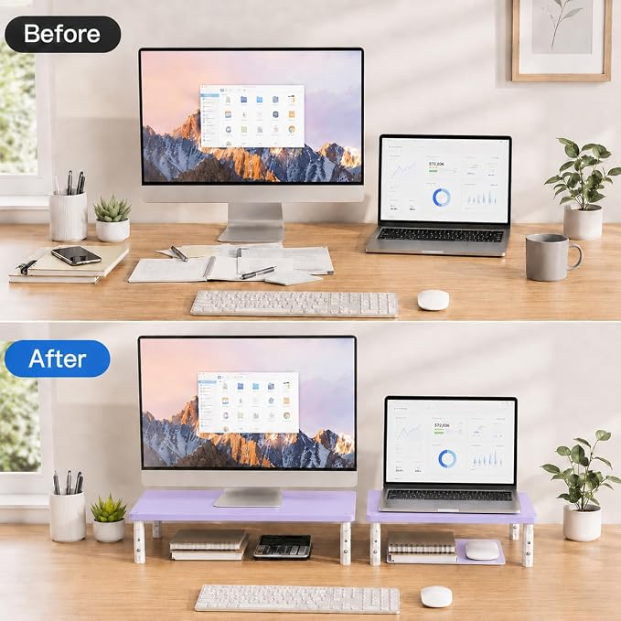 Adjustable Monitor Stand Riser for Desk, Wood Computer & Laptop Stand, Desk Organizers and Accessories, Office Desk Accessories & Workspace Organizer for Home Office Supplies, Purple