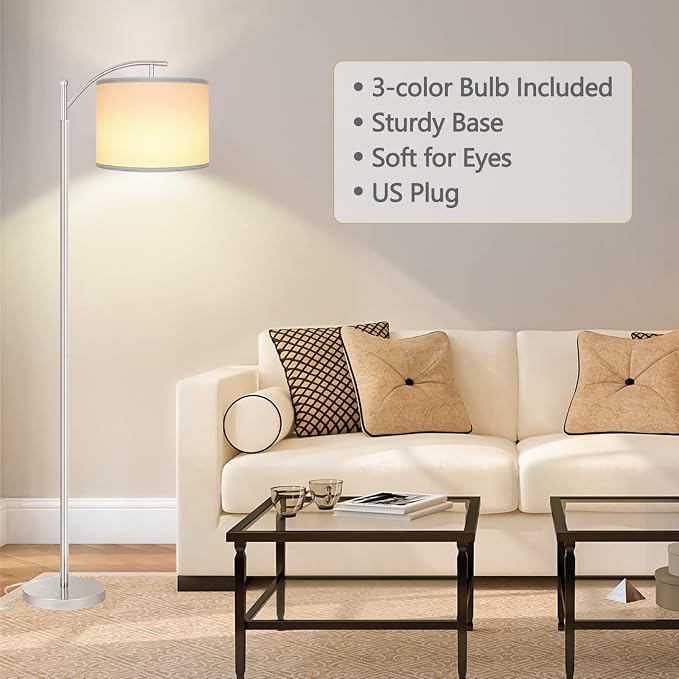 Floor Lamp for Living Room with 3 Color Temperatures LED Bulb, Standing Lamp Tall Industrial Floor Lamp Reading for Bedroom, Office (9W LED Bulb, White Lampshade Included) -Silver