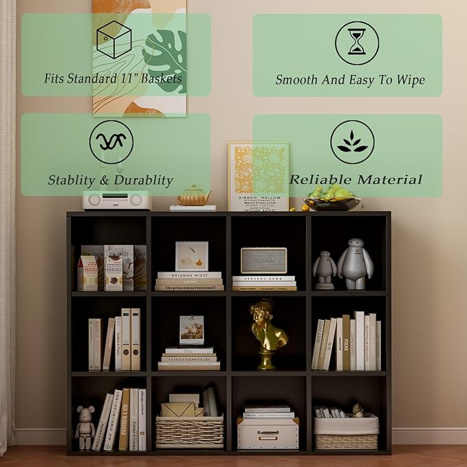 12-Cube Storage Shelf Bookcase, Black | Wooden 3-Tier Open Bookshelf, Fits 11×11" Bins, Vertical or Horizontal Use, Full Back Panels, For Home Office
