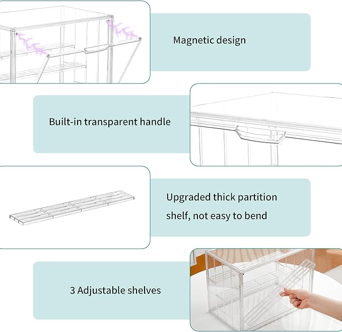 Attelite Acrylic Display Case for Collectibles 4 Tiers Clear Showcase,2Pcs | 3 Adjustable Dividers, Clear Acrylic Box for Figures, Tool-free Assembly,Magnetic Door, Dustproof,thicken plastic
