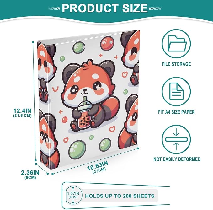 3 Ring Binder Cute Red Panda Bubbles 1.5" Round Ring Binders View Binder with 200 Sheet for Kids School Supplies Women Men Office, 1 Pack