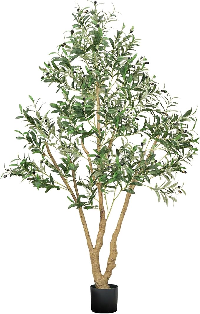 VEVOR 6FT Artificial Olive Tree with Black Pot, Tall Fake Tree with Natural Wood Trunk & Realistic Green Leaves and Fruits, Indoor Faux Plant for Home, Office, Living Room, Corner Decor