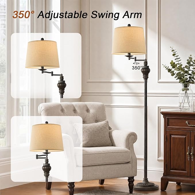 Vintage Floor Lamp with 350° Adjustable Swing Arm 61" Lamps for Living Room | Antique Brass Standing Lamp, Retro Bronze Bedroom Floor Lamp, Mid Century Farmhouse Rustic Traditional Tall Swivel Pole Lamp