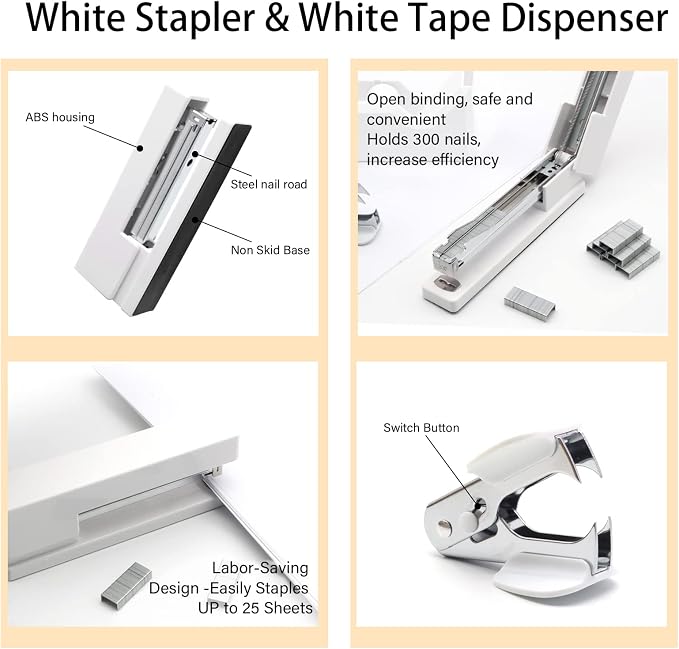 White Office Supplies Set,Desk Accessories Stapler and Tape Dispenser 10PCS | Office Supplies for Women Students， Stapler and Tape Dispenser Set，Sturdy and Durable;Wide Application for Office,Classroom