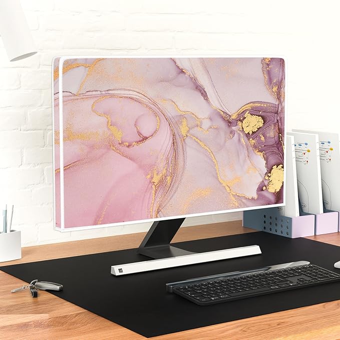 Baocicco Pink Gold Marble Computer Monitor Dust Cover 26, 27, 28 Inch Decorative Modern Laptop Computer Cover for Home Office Decorative Texture Dust Proof Monitor Covers for Computer Screen
