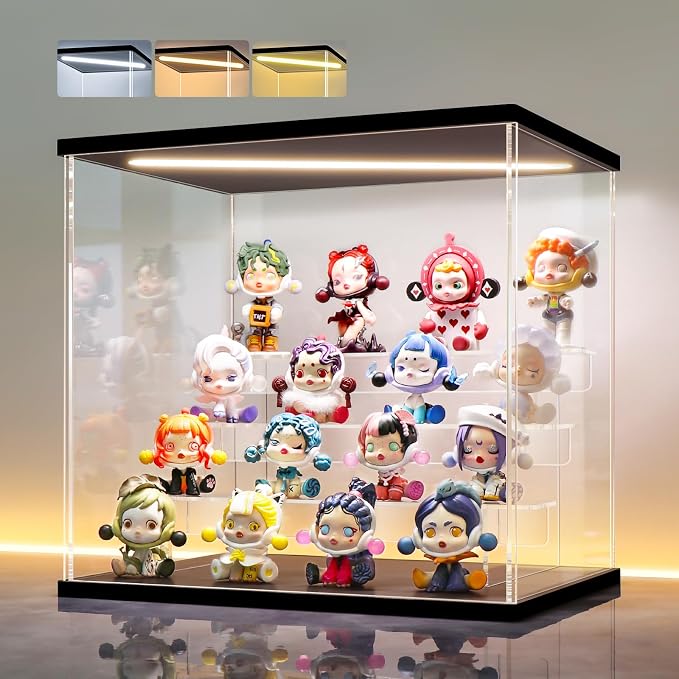 LANSCOERY Acrylic Display Case for Collectibles, 4-Tier LED Light, Black | 3mm clear acrylic panels with front door access and tri-color top light for small figures on a desk or shelf.