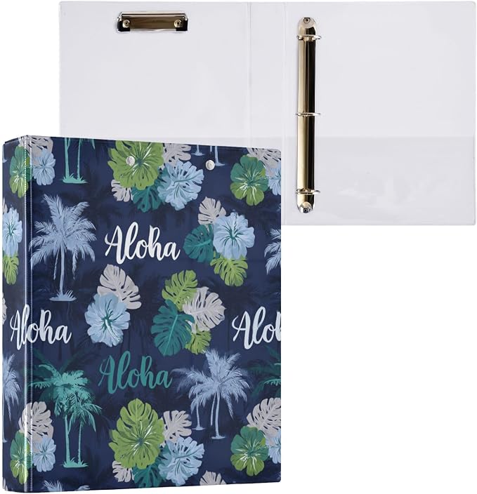 Dark Blue Aloha Tropical Monstera Binder 3 Ring 1.5 Inch Binder with Clipboard&Pockets, Hardcover Binders Heavy Duty Large File Folder for Office School Supplies - Holds 200 Sheets