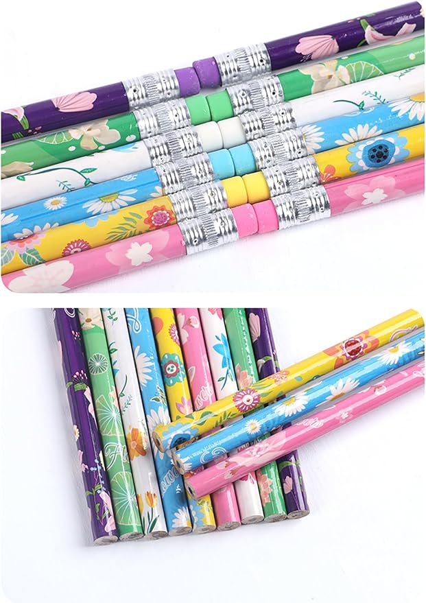 24pcs Flowers Pencils with Eraser Wood Pencils Bulk (Flowers, 24)
