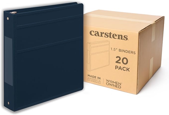 Carstens 1.5-Inch Heavy Duty 3-Ring Binder - Side Opening, Navy Blue, Durable Plastic, No-Gap Rings, Waterproof Cover, No Pockets, Holds 250 Letter Sheets, BPA-Free, Made in USA (2024-3R), Case of 20