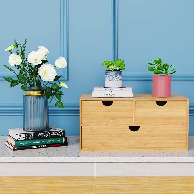 Bamboo Desk Organizer with Drawers, 3-Drawer Desktop Storage Box | 3 Drawers Open Top Tray Fully Assembled Stores Pens, Notes, Makeup, Jewelry & Toiletries for Office, Vanity & Bath