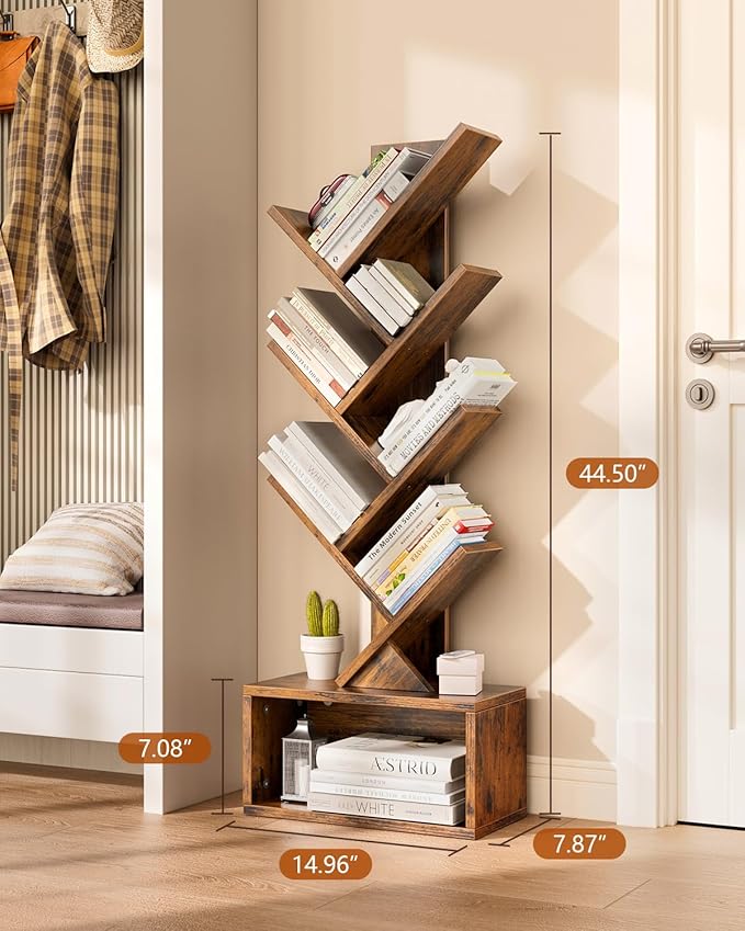 Evermagin 6 Tier Tree Bookshelf with Lights, LED Book Tree Bookcase | Rustic Brown with Storage Organizer, Small Corner Bookshelf Floor Standing Book Shelf for Living Room, Bedroom & Home Office