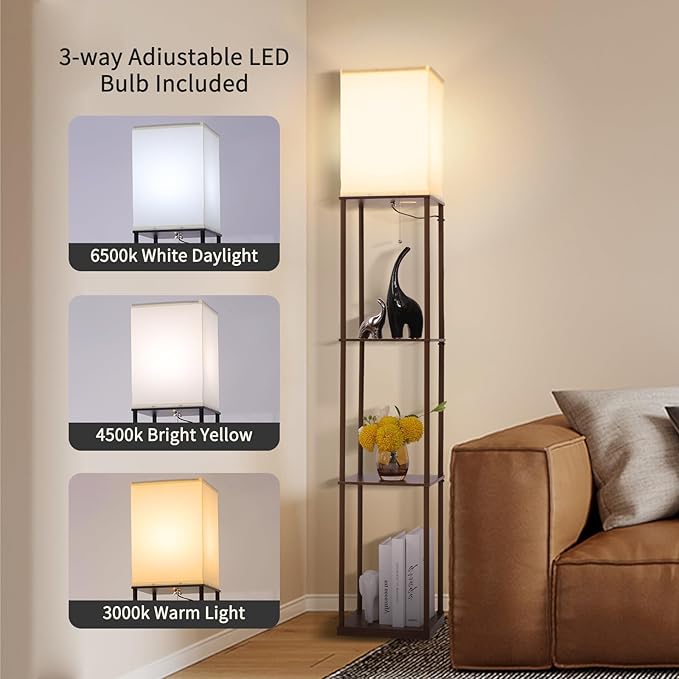 Gupuzm Floor Lamp with Shelves, Modern Square Standing Lamp with 3 Color Temperature Bulb, Corner Display Bookshelf Lamp for Living Room, Bedroom and Office(Brown-2 Pack)