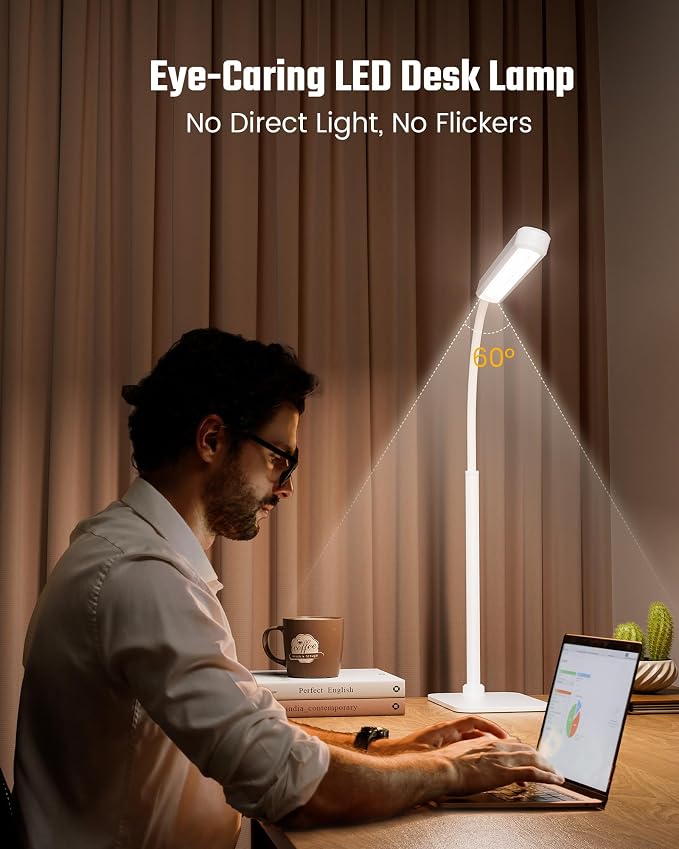 SUPERDANNY Eye-Caring LED Desk Lamp Work Lamp Office Lamp with Base | White, Touch Control, 360° Flexible Gooseneck, 3 Modes Smooth Dimming, Memory Function, Adapter, Metal, for Home Office Dorm