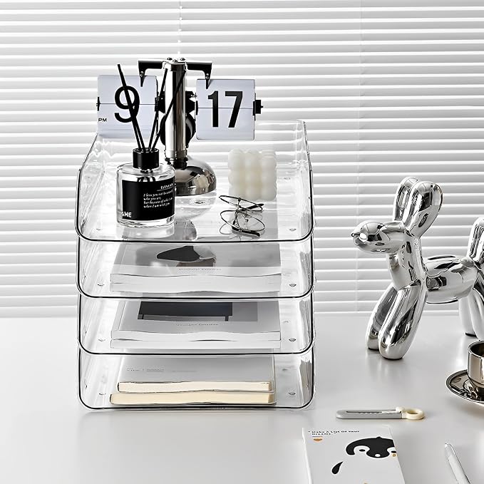 Gagee 2 Pack Paper Organizer for Desk,Clear Stackable Paper Sray Holder ﻿, Office Desk Organizer for Notes, Pens, File, Document