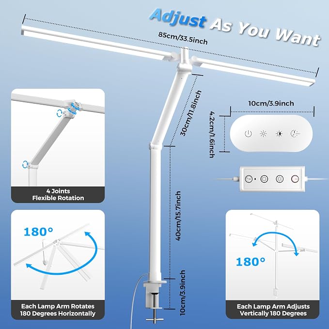 Airlonv LED Desk Lamp, Double Swing Arm Wide Lighting Area Desk Lamps for Home Office with Stepless Dimming, Eye-Caring Architect Desk Light with Clamp for Reading, Study, Workbench, Drafting(White)