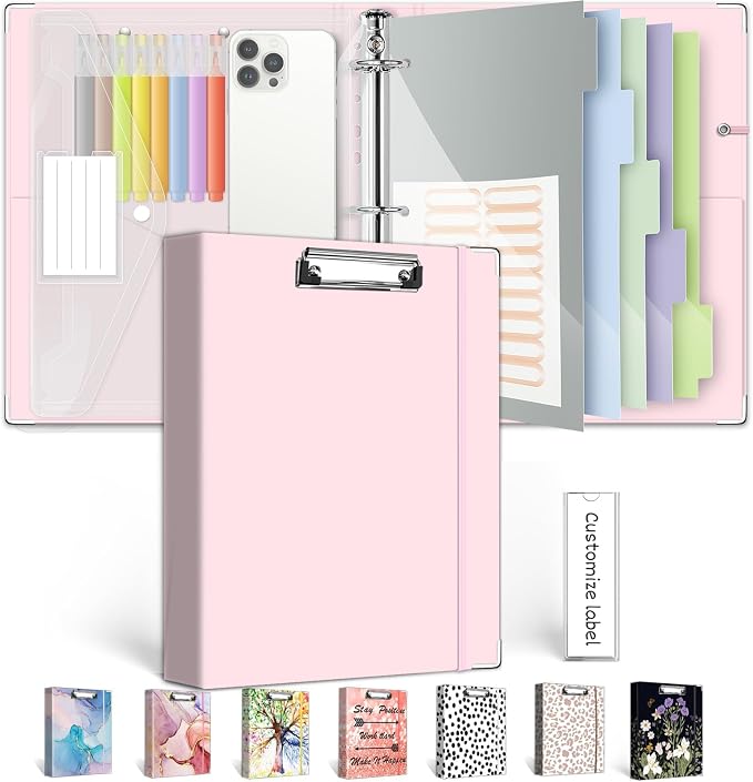 3 Ring Binder Organizer, 1 Inch Three Ring Binders with Clipboard, 5-Tabs Pockets Dividers, Transparent Plastic Folder, Pen Loop, 18 Divider Stikers, BVSSX Decorative Binder,Pink, Letter Size