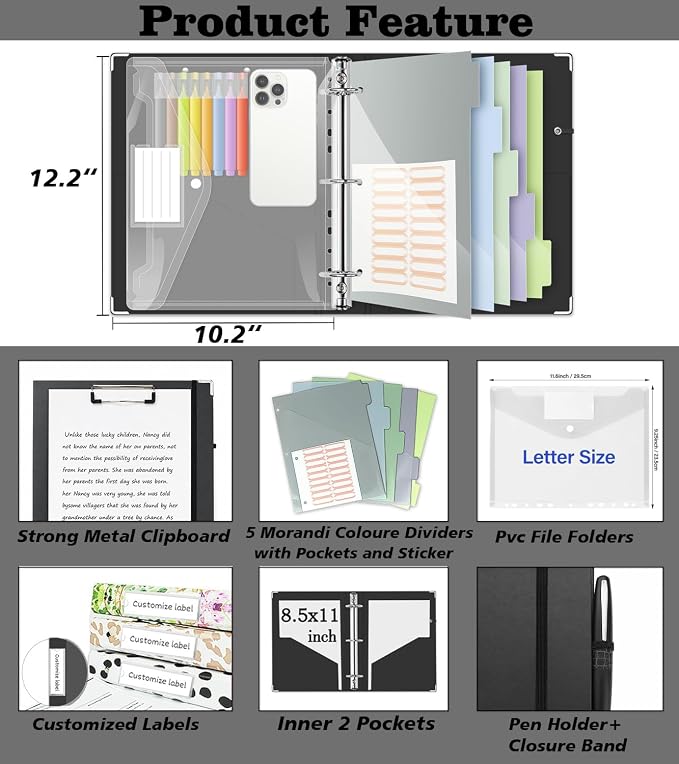 3 Ring Binder Organizer, 1 Inch Three Ring Binders with Clipboard, 5-Tabs Pockets Dividers, Transparent Plastic Folder, Pen Loop, 18 Divider Stikers, BVSSX Decorative Binder,Black, Letter Size