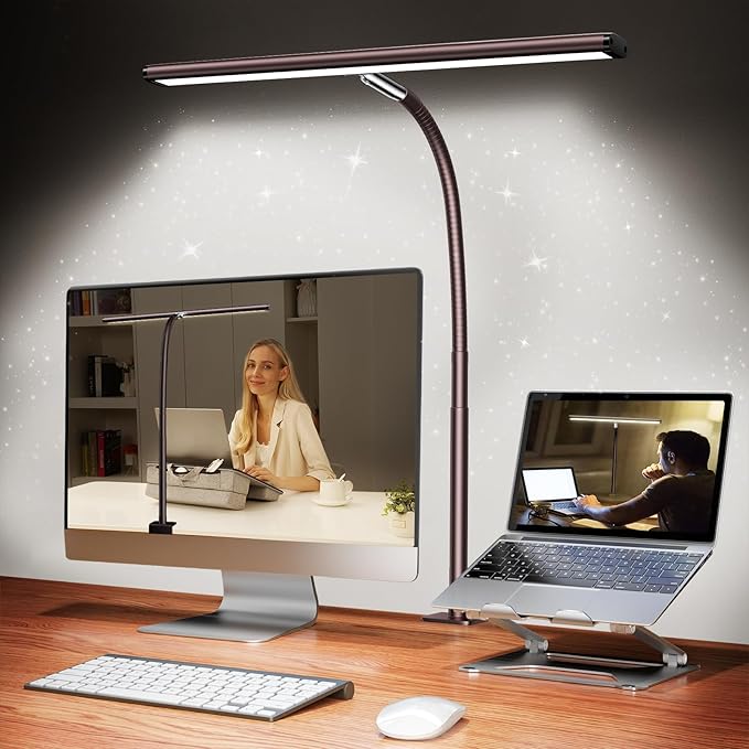 Airlonv LED Desk Lamp with Clamp, 17" Stepless Dimming Light, Brown | 2700K-6500K, 100 LEDs, 360° Gooseneck, Fits Up to 30" Monitors, Flicker-Free Lighting for Home Office, Study& Workbench
