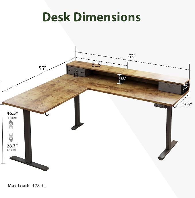 Agilestic 63 Inch L Shaped Electric Standing Desk with Drawer, Rustic Brown | 2 Stroage Drawers, Monitor Shelf, Corner Desk, Ample Workspace, Memory Presets, Hooks, Stable Steel Frame,176 lbs