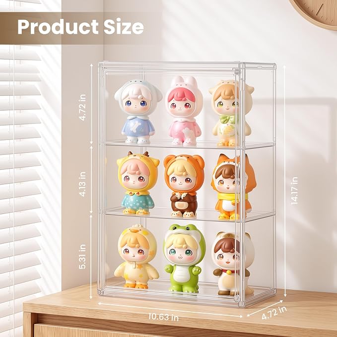 3-Tier Acrylic Display Case for Figures, Wall-Mounted Clear Action Figure Storage Organizer with Magnetic Door & 2 Adjustable Shelves, Dustproof Showcase for Collectibles, 1 Pack