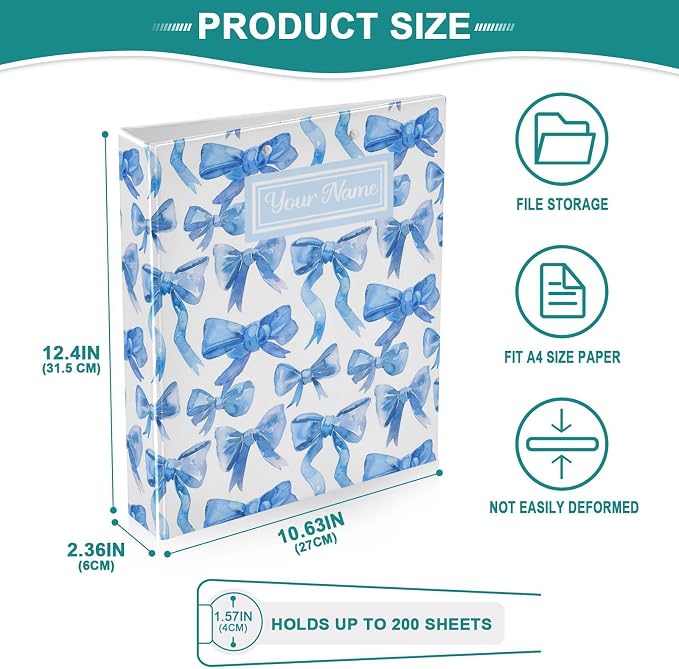 Custom Blue Ribbon Bows Personalized 3 Round Ring Binders | 1.5 Inch Binder with Clipboard, PVC Pockets, Work Organizer, Holds 200 Sheets for School Office 1 Pack
