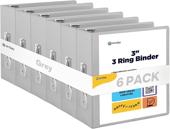 Enday 3 inch Binder (6 Pack - Grey) 3 Ring Binder 3 inch with Clear View Cover and 2 Inside Pocket - for Letter Size 8.5 x 11'' Paper, Ideal for School Supplies, Office, and Home