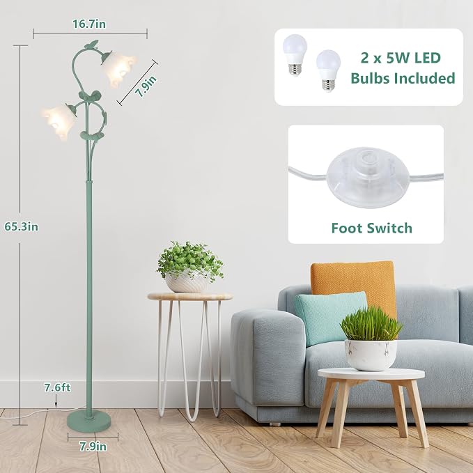 HMVPL Flower Floor Lamp for Living Room, Vintage Floor Lamp with 2 LED 5W Blubs, Foot Switch, Green Standing Lamp with Acrylic Shade, Unique Floral Tall Lamp for Living Room Bedroom Corner Office