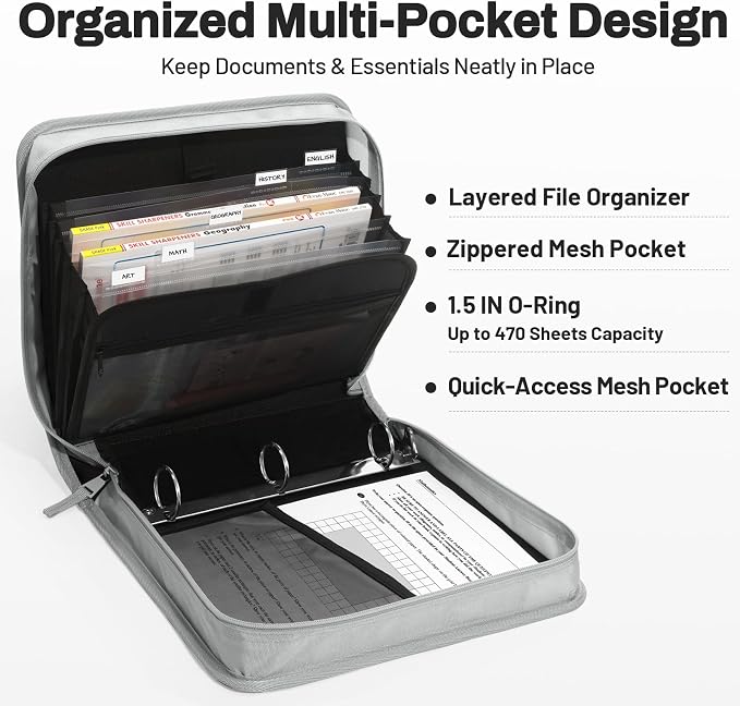 SUNEE Zipper Binder with Handle, 1.5 Inch O-Ring, 325 Pages Capacity, with 5-Tab Expanding File Folder for Classified Storage, Small Size Lightweight Zipper Bag for Middle School Students, Light Grey