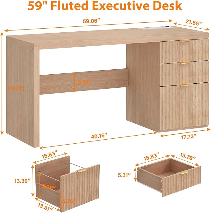 60" Fluted Executive Desk with Ample File Drawer & Large Charging Station, Wood Modern Home Office Desk with Storage, Computer Writing Desk for Work, Living Room, Bedroom, Durable & Sturdy, Natural