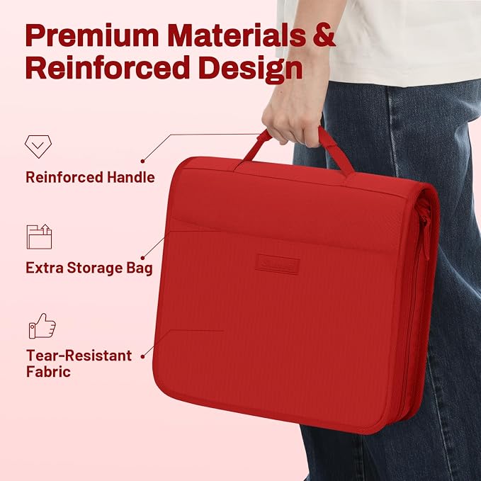 SUNEE Zipper Binder with Handle, 1.5 Inch O-Ring, 325 Pages Capacity, with 5-Tab Expanding File Folder for Classified Storage, Small Size Lightweight Zipper Bag for Middle School Students, Bright Red