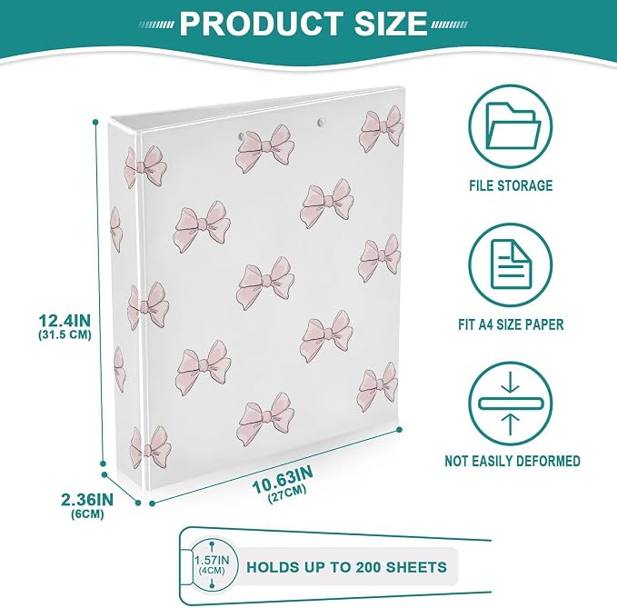 Cute Beautiful Pink Bow 1.5 Inch Binders 3 Ring for Letter Size Holds 200 Sheets Notebook Binder with Clipboard for Women or Men