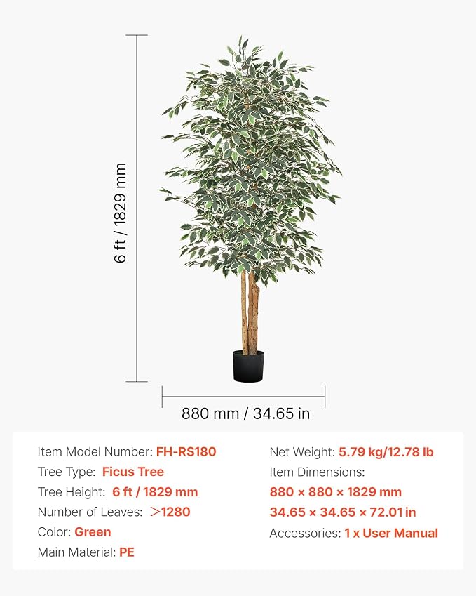 VEVOR 6FT Artificial Ficus Tree with Black Pot, Tall Faux Ficus Plant with Natural Wood Trunk and Realistic Green Leaves, Indoor Fake Silk Tree for Home, Office, Living Room, or Corner Décor