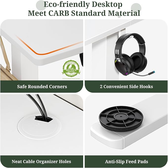 48 x 24 in Electric Standing Desk - Memory Height Adjustable | Ergonomic Sit-to-Stand Rising Computer Table Gaming Workstations with 2 Hooks and Wire Hole for Home Office, White