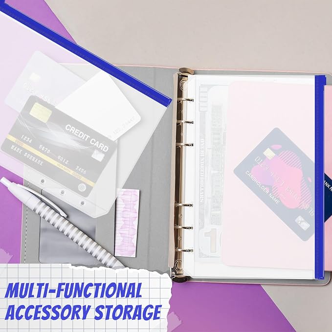 Zonon 30 Pcs A5 6 Rings Blue Zipper Binder Pouches Clear Binder Pockets with Zipper Folders Waterproof PVC Loose Leaf Bags Filling Bags for Pen Pencil Notebooks File Document