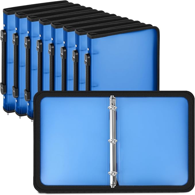 Teling 8 Pcs 1 Inch Zipper Binder 3 Ring Organizer, Blue | Secure Zipper Closure, Refillable 3 Ring Design, Handle Carry, Fits Letter Size Papers for School, Office and Projects
