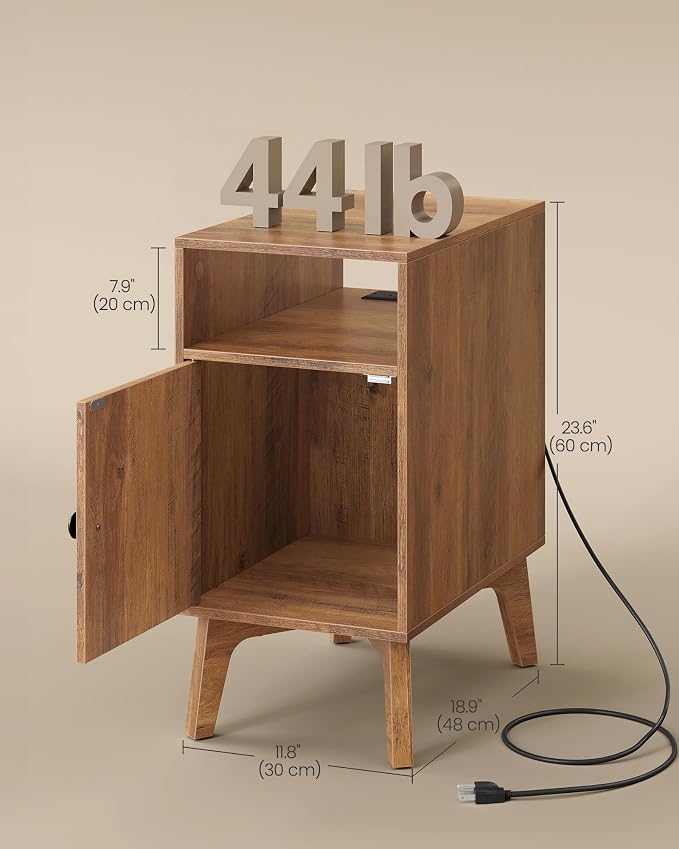 VASAGLE End Table with Charging Station, Narrow Side Table, Nightstand | Tapered Legs, Curved Transitions, for Small Spaces, Living Room, Bedroom, Honey Brown, MAEZO Collection ULET329K101S