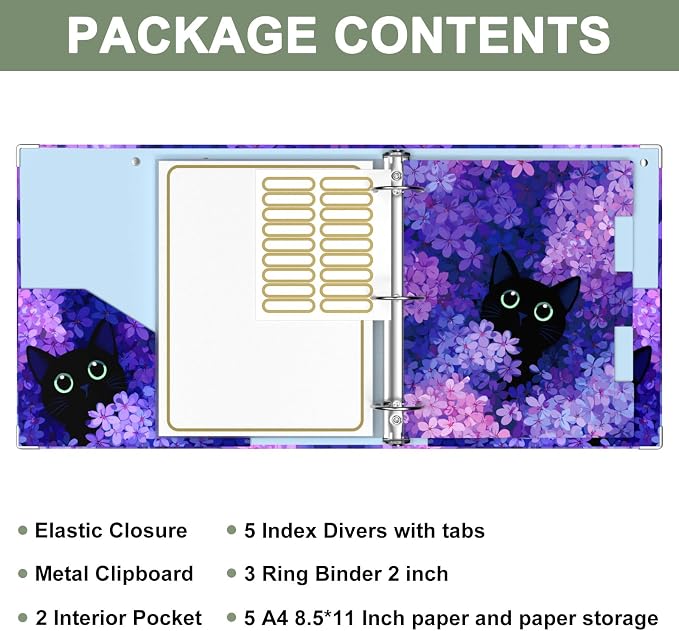 Rouidr 3 Ring Binder, 2 Inch Round Ring Binder Organizer with Clipboard, 5 Dividers Tabs, A4 8.5 x 11 Inch Paper & Clear Sleeves for School, Office Supplies