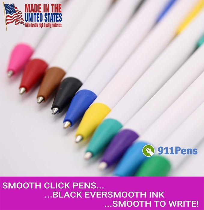911PENS USA Made, Personalized Writing Ink Ballpoint Novelty Pens, Custom Printed with Your Logo & Text (Pack of 50 White Pens with Dark Blue Trim)