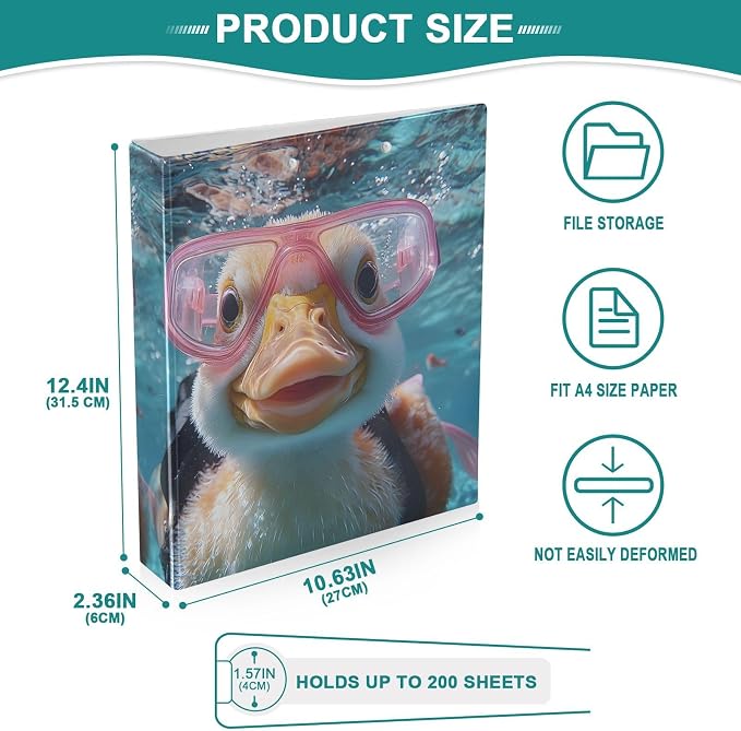 3 Ring Binder Funny Duck Blue Ocean 1.5 inch Binders Three Ring Binders with Clipboard Fit 8.5'' x 11'' Paper 3 Interior PVC Clear Pockets for Office Supplies