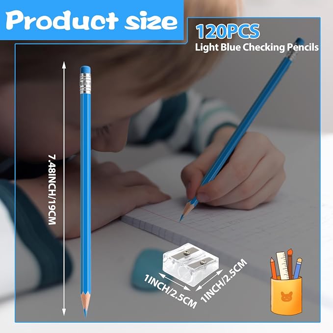 120 PCS Light Blue Pencils Bulk with Eraser, Pre-Sharpened HB Pencils for Writing & Drawing, School Supplies for Kids Homework, Tests, Art Crafts & Teacher Grading(Light Blue)