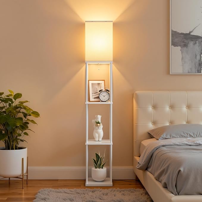 Floor Lamp with Shelves, 3-Tier Modern Square Bookshelf Standing Lamp White | 3 Color Temperature Bulb Included, Pull Chain Tall Lamp for Living Room Bedroom Corner Office Apartment Decor