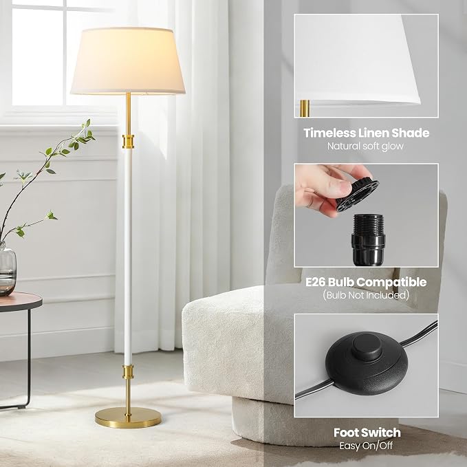 Modern Mid Century Floor Lamp with Soft Linen Shade, 63” Tall White & Brass Standing Lamp, Weighted Base, Warm Ambient Light for Living Room, Bedroom & Reading Corners (White & Gold)