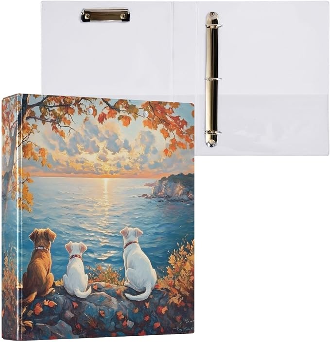 3 Ring Binder Funny Three Dogs Sunset 1.5 inch Binders Three Ring Binders with Clipboard Fit 8.5'' x 11'' Paper 3 Interior PVC Clear Pockets for Office Supplies