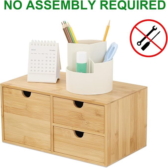 Bamboo Desk Drawer Organizer, Desktop Organizer with Drawers(3 Drawers) | 3 Drawers Open Top Tray Fully Assembled Stores Pens, Notes, Makeup, Jewelry & Toiletries for Office, Vanity & Bath