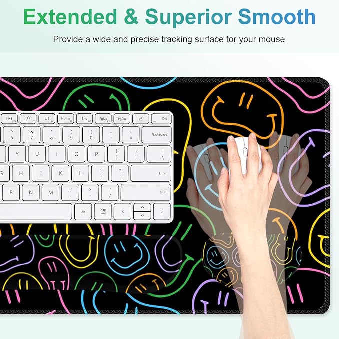 Large Gaming Mouse Pad Set, 4 in 1 Extended Keyboard Desk Mat with Wrist Rest, Computer Game Mousepad, Non-Slip Desk Pad Protector Easy Typing Pain Relief for Home Office I Black Retro Hippie