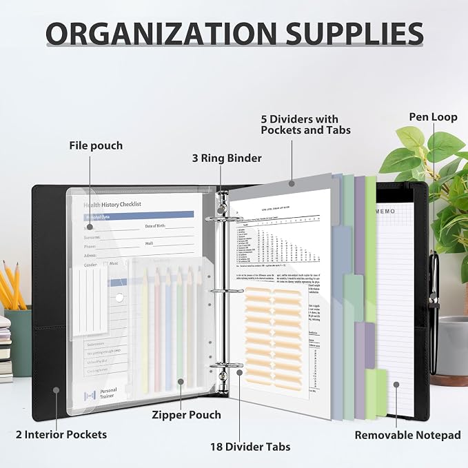 3 Ring Binder with Clipboard,2 Inch Binders with Notepad&5 Dividers with Pockets, Labels,PU Clipboards for School Office(Black,Letter Size)