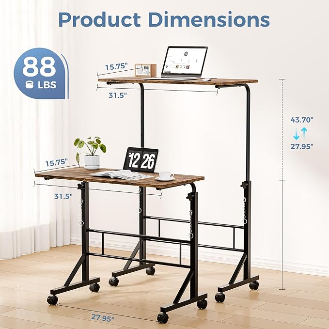 DUMOS 31.5" Walking Pad Desk, Laptop Desk, Home Office | Lockable Wheels, Adjustable Height, Portable Rolling Design, Treadmill Use, Stand Up Style, Rustic